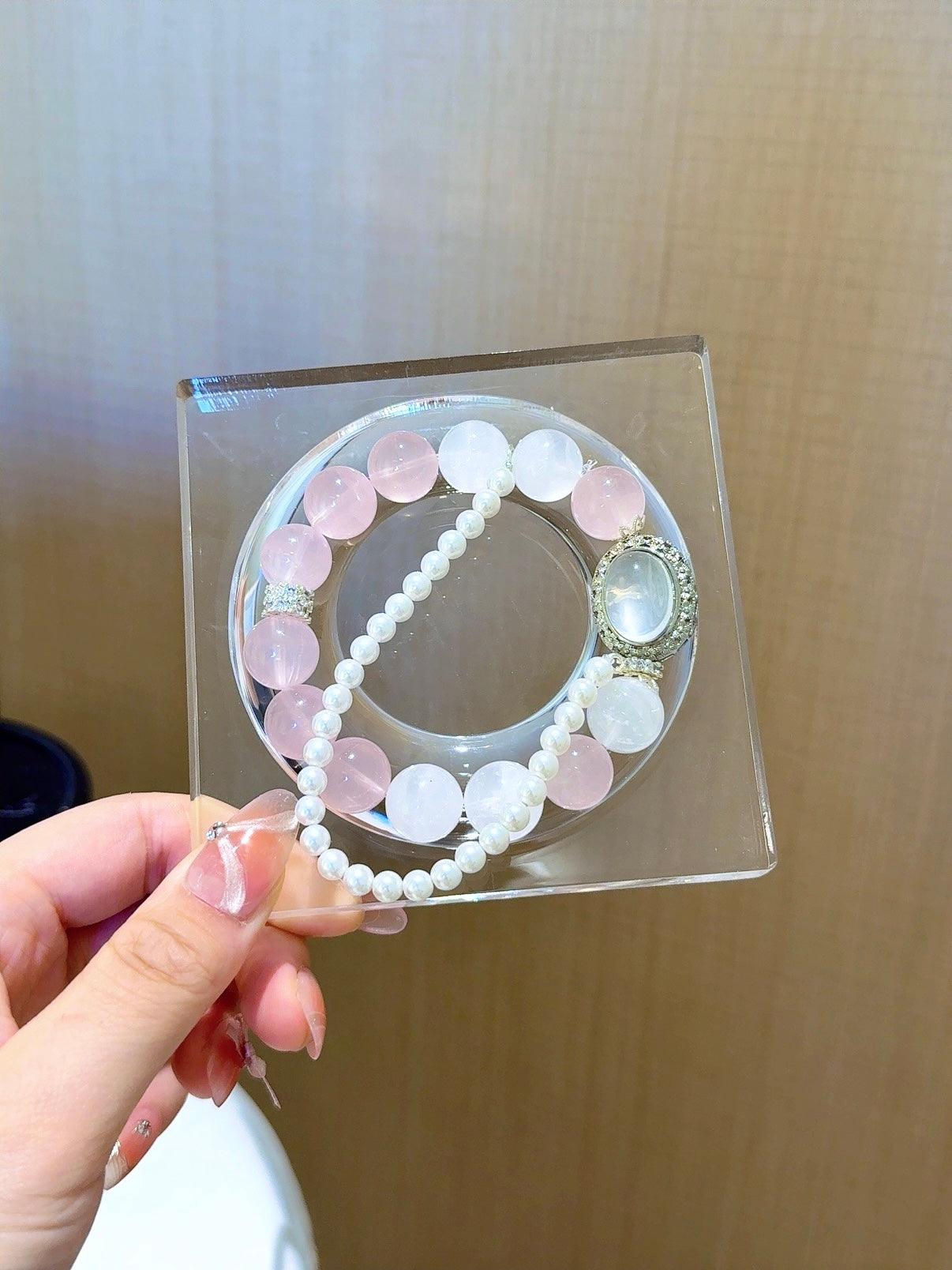 ▫️▪️ Pink crystal white ghost milky white crystal magic box bracelet